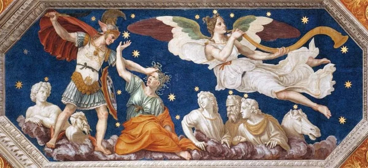 A painted ceiling showing Perseus with winged figures and sea creatures