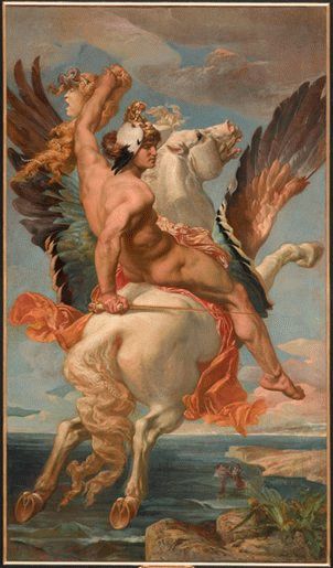 A painting of Perseus riding the winged horse Pegasus